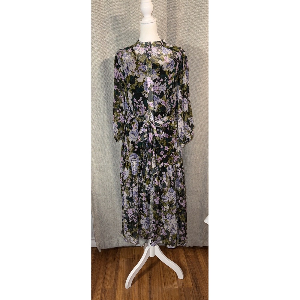 Christy Lynn Lana Shirt Dress Women Size Small Midi Silk Chiffon Green Floral